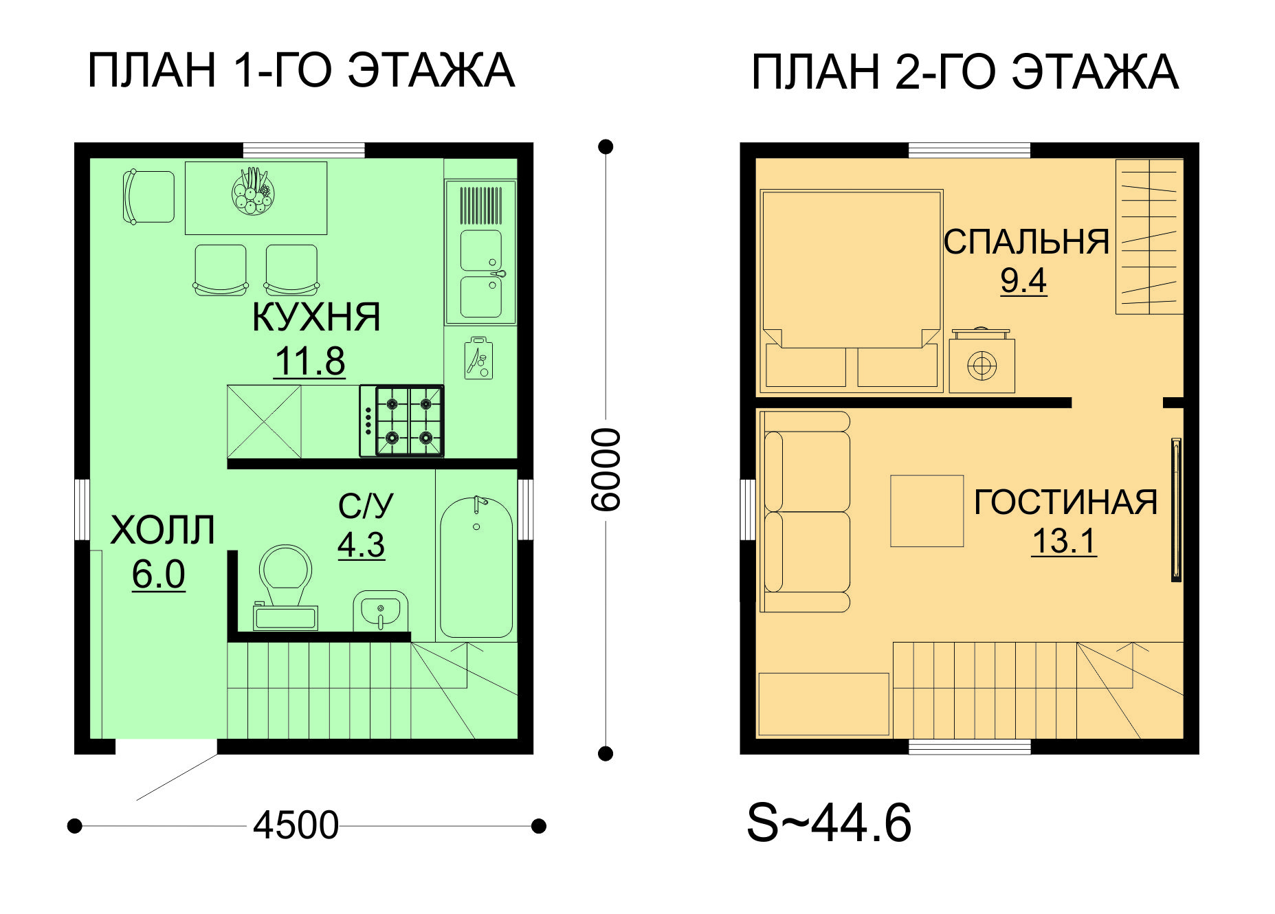 Проект ССК-44 — дом 6x4,5 44.0 кв.м. — до 100 кв.м. от ССК-ДОМ